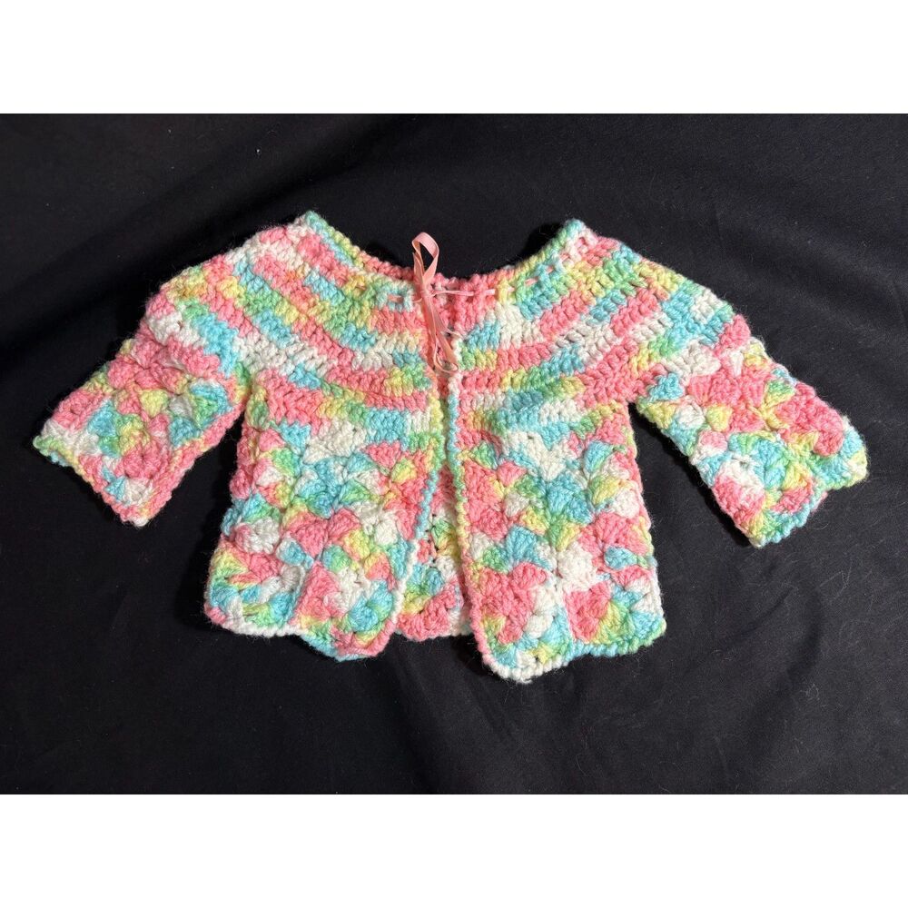 Sweet Vintage Handmade Crochet Baby Cardigan Sweater – Pastel Rainbow/Ribbon Tie